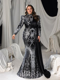 Plus Sequined High-Neck Long-Sleeve Mermaid Gown with Satin Drapes & Tail