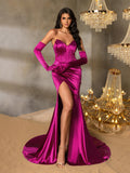 Elegant Ruched Wrap Hem Satin Tube Prom Dress(Gloves Included)