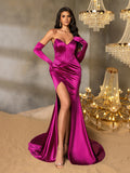 Elegant Ruched Wrap Hem Satin Tube Prom Dress(Gloves Included)