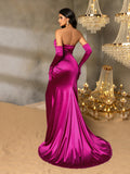 Elegant Ruched Wrap Hem Satin Tube Prom Dress(Gloves Included)