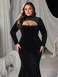 Plus Velvet High-Neck Mermaid Gown with Chest Cutout, Rhinestone Accents & Floor-Length Train