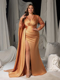 Plus Satin Deep V-Neck Long Sleeves Evening Gown - Formal Dresses with High Slit
