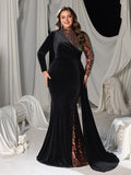 Plus Asymmetric Mermaid Gown with Velvet and Sequins, High Neck & Long Sleeves