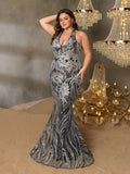 Plus Elegant Halter Neck Backless Floral Sequin Mermaid Dresses