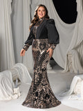 Plus Floral Sequin High-Neck Mermaid Gown with Voluminous Puff Sleeves