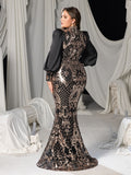 Plus Floral Sequin High-Neck Mermaid Gown with Voluminous Puff Sleeves