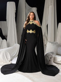 Plus Luxury Mermaid Gown with Flowing Cape & Gold Embellishments for Red Carpet or Luxury Weddings, 1XL-5XL