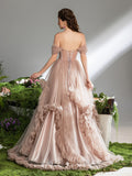 Gorgeous Off Shoulder Sheer Corset Bodice Ruffle Trim Tulle Prom Dress