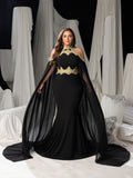 Plus Luxury Mermaid Gown with Flowing Cape & Gold Embellishments for Red Carpet or Luxury Weddings, 1XL-5XL