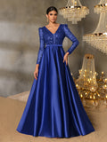 Elegant V-Neck Long Sleeve Evening Gown with Puffed Sleeve Detailing, Sequin Beaded Embellishments, Thin Waist Belt & Satin A-Line Skirt | Elegant Formal Dress for Special Occasions