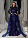 Plus Sequin Mermaid Formal Dress with Long Sleeves and Sheer Tulle Overlay