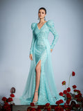 Gigot Sleeves Split Mermaid Hem Sequin Formal Dress