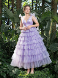 Midi V-Neck Tiered Tulle Dress with Sheer Spaghetti Straps & Bow Accents – Romantic Evening Gown for Cocktail Parties & Spring Galas