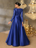 Elegant V-Neck Long Sleeve Evening Gown with Puffed Sleeve Detailing, Sequin Beaded Embellishments, Thin Waist Belt & Satin A-Line Skirt | Elegant Formal Dress for Special Occasions