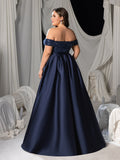 Plus Elegant Off-Shoulder Evening Gown with Sequin Embellishments – High Slit Satin Skirt & Back Zipper for Luxury Weddings or Evening Glam