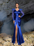Elegant Deep V-Neck Satin Mermaid Gown with Sheer Tulle Sleeves, Sparkling Embellishments & High Slit