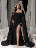Plus Size Gorgeous Square Neck Cape Evening Gown - Mermaid Dress with Sheer Overlay
