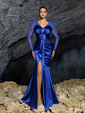 Elegant Deep V-Neck Satin Mermaid Gown with Sheer Tulle Sleeves, Sparkling Embellishments & High Slit
