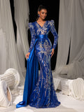 Elegant Sequin Embroidered V-Neck Mermaid Gown | Long Sleeve with Wide Belt & Sweep Train