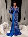 Elegant Sequin Embroidered V-Neck Mermaid Gown | Long Sleeve with Wide Belt & Sweep Train