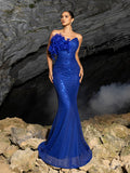 Elegant Feather Accent Strapless Mermaid Gown with Lace-Up Back