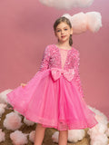 Tween-Mädchen-Partykleid mit süßer Schleife vorne und langen Ärmeln