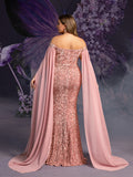 Plus Maternity Off Shoulder Cape Sleeves Mermaid Hem Sequin Formal Dress