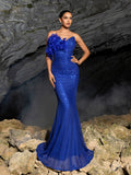 Elegant Feather Accent Strapless Mermaid Gown with Lace-Up Back