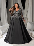 Plus Size Deep V-Neck Sequin Illusion Evening Gown - Satin Formal Dress with Long Sleeves & A-Line Skirt
