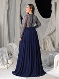 Plus Chiffon V-Neck Evening Gown with Silver Sequined Translucent Sleeves & Floor-Length Skirt