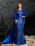 Plus Sequin Embroidered V-Neck Mermaid Gown | Long Sleeve with Wide Belt & Sweep Train