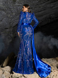 Plus Sequin Embroidered V-Neck Mermaid Gown | Long Sleeve with Wide Belt & Sweep Train