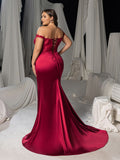 Plus Burgundy Off-Shoulder Evening Gown with Sultry Side Slit – Dress for High-End Fashion Shows or Red Carpet Moments, 1XL-5XL