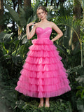 Midi Elegant Strapless Tulle Gown with Ruffled Layers – Voluminous Dress for Tropical Events, Garden Parties & Summer Galas