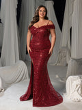 Plus Sequined Off-Shoulder Gown with High Slit – Luxury Evening Wear for Red Carpet, Gala Dinners & Formal Weddings, 1XL-5XL