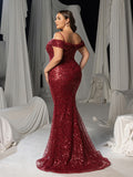 Plus Sequined Off-Shoulder Gown with High Slit – Luxury Evening Wear for Red Carpet, Gala Dinners & Formal Weddings, 1XL-5XL