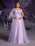 Plus Maternity  Applique Details One Shoulder Tulle Evening Dress