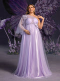 Plus Maternity  Applique Details One Shoulder Tulle Evening Dress