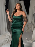 Plus Luxury Off-Shoulder Satin Evening Gown - Beaded Fringe Mermaid Dress with Thigh Slit