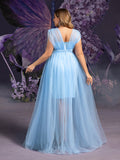 Plus Maternity  Plunging Neck Sleeveless Tulle Overlay Party Dress