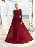 Womens' Elegant A-Line Formal Dress with Long-Sleeve Lace Bodice & Chiffon Pleated Skirt