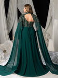 Plus High Neck Chiffon Gown with Detachable Cape | Asymmetrical Cutout & Beaded Embroidery