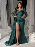 Plus Elegant Satin Sweetheart Neck Evening Gown with Sequined Long Sleeves and High Slit