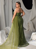 Plus One-Shoulder Sequin Mermaid Gown with Tulle Train & High Slit