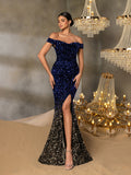 Elegant Off Shoulder Split Mermaid Hem Ombre Sequin Evening Dress