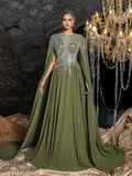 Elegant Cape Sleeve Evening Gown with Beaded Floral Embroidered Bodice & Flowing Train