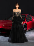 Gorgeous Off Shoulder Lace Bodice Layered Tulle Hem Wedding Dress