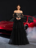 Gorgeous Off Shoulder Lace Bodice Layered Tulle Hem Wedding Dress