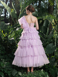 Midi Enchanting Tulle Cake Gown with One-Shoulder – Ethereal Evening Wear for Weddings, Garden Parties & Spring Galas