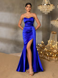 Ruched Side Draped Sweetheart Satin Tube Dress